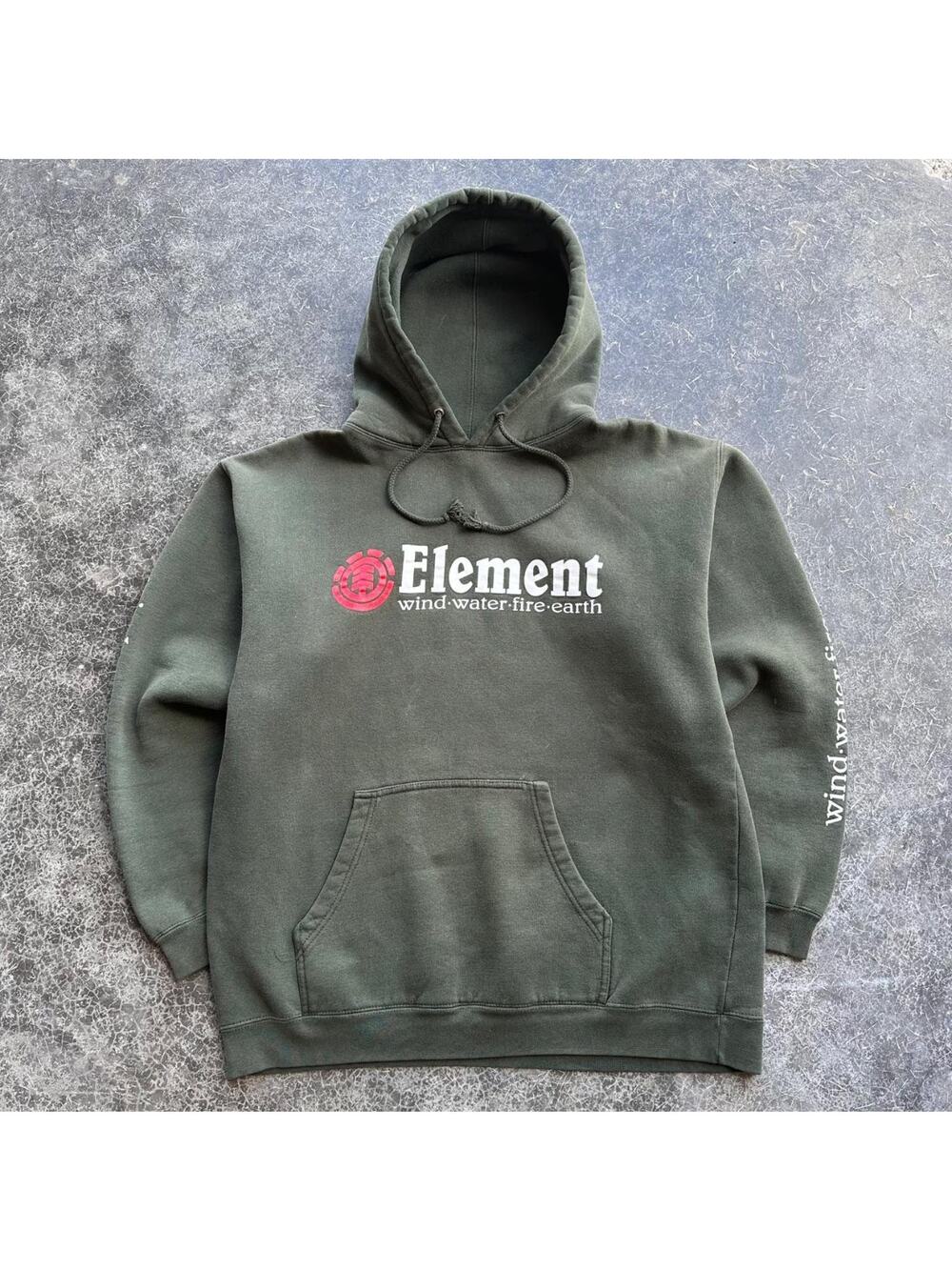 Vintage 90s/2000s Element Skateboards Moss Green Sleeve Print Skate/Surf Hoodie